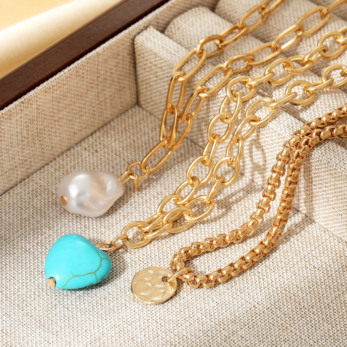 Wholesale Retro Bohemian Heart Turquoise 3-Piece Set Necklace