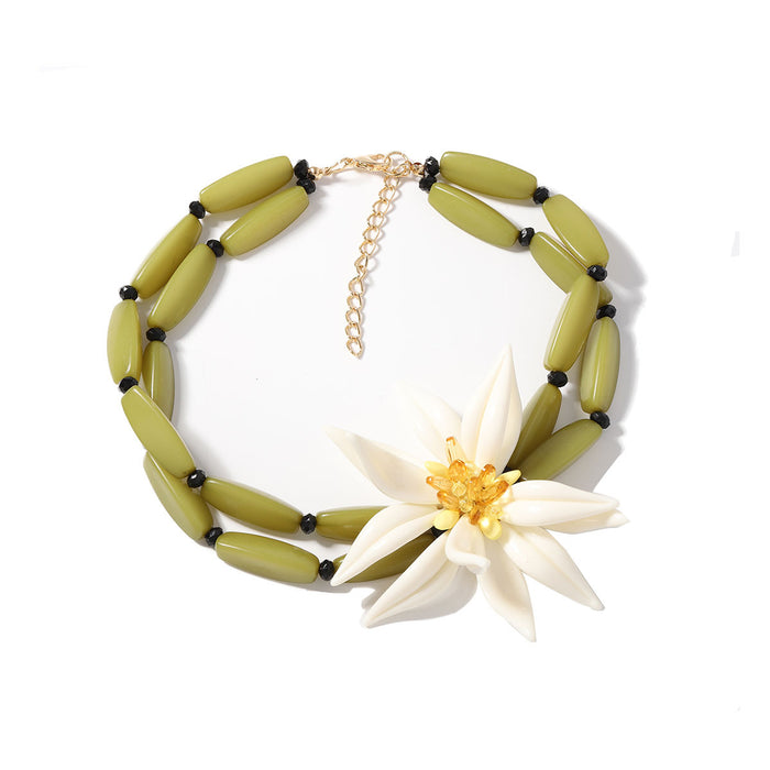 Wholesale White Large Flower Double-Layer Bamboo Necklace with Stylish