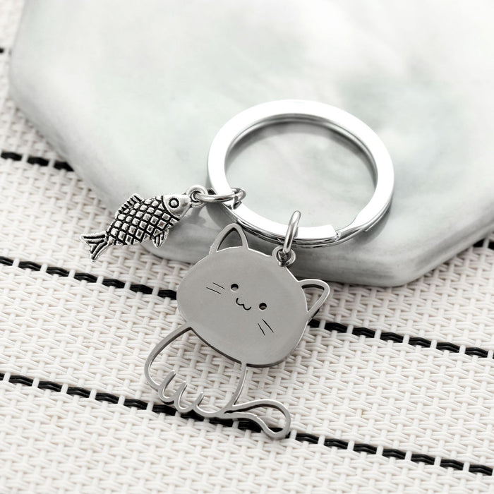 Wholesale Cute Cartoon Cat Eating Fish Stainless Steel Keychain JDC-KC-JunL005