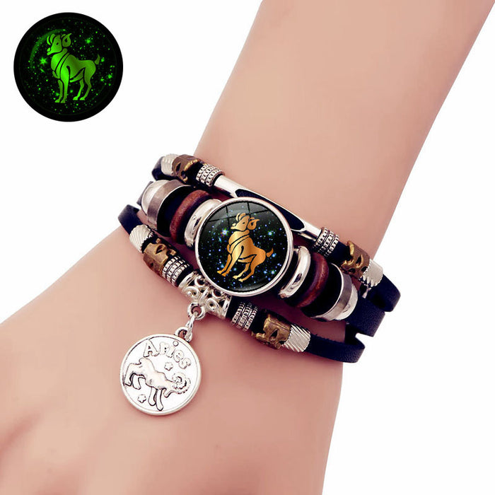 Wholesale Luminous 12 Constellation Leather Multi-layer Beaded Bracelet Creative Hand Jewelry