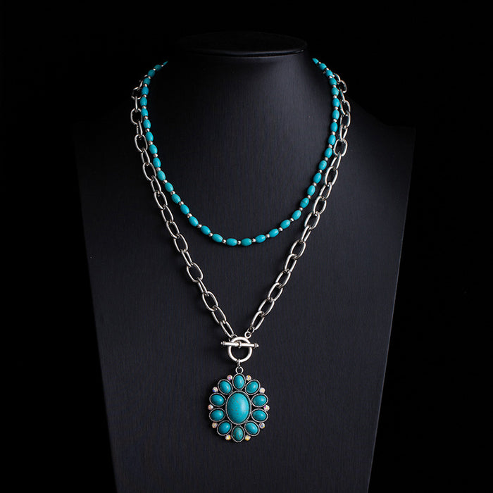 Wholesale Retro ethnic style turquoise necklace Western cowboy style stacking necklace high-end Bohemian sweater chain