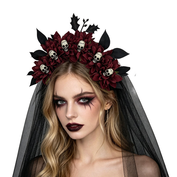 Wholesale Dark Style  Witch Mesh Headband With Skull Buckle And Faux Flower For Party Costume Accessory Resale