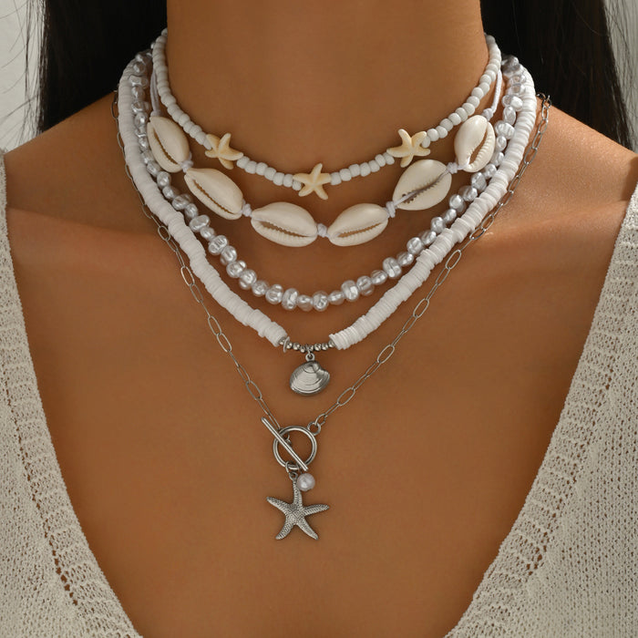 Wholesale Imitation Pearl Shell Starfish Necklace Set Stacked Clavicle Chain