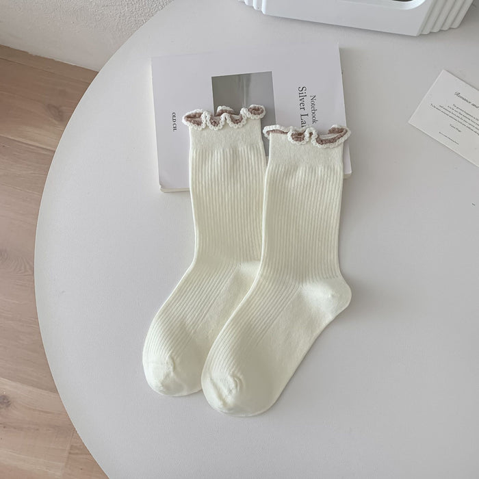 Wholesale Socks, tube socks, pure cotton, girls' contrasting lace, long pile socks