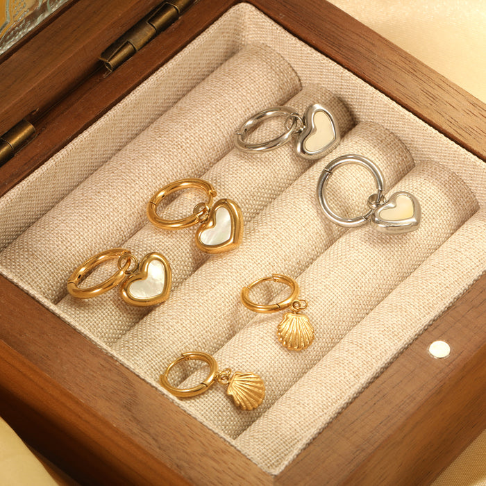 Wholesale  Retro hoop polished stainless steel heart shell metal earrings