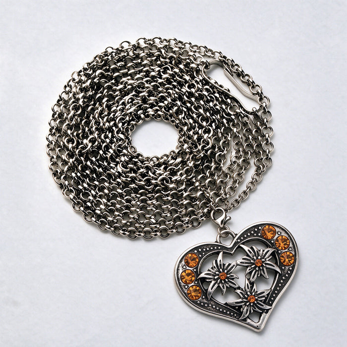 Wholesale Retro Edelweiss Long Pendant Necklace Red Heart Shaped Alloy Charm Bavarian Beer Festival Style Layered Fashion Jewelry Accessory