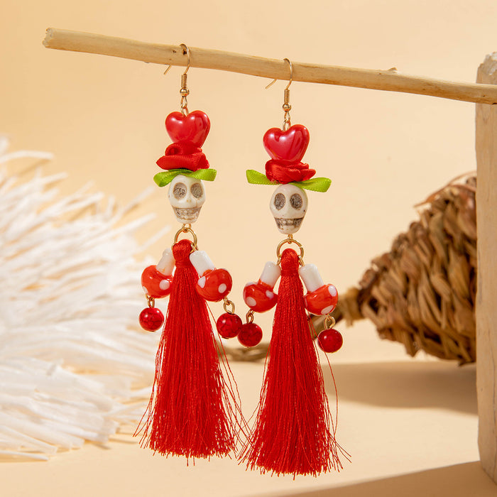 Wholesale  funny fun skull tassel rice beads earrings creative personality rose earrings