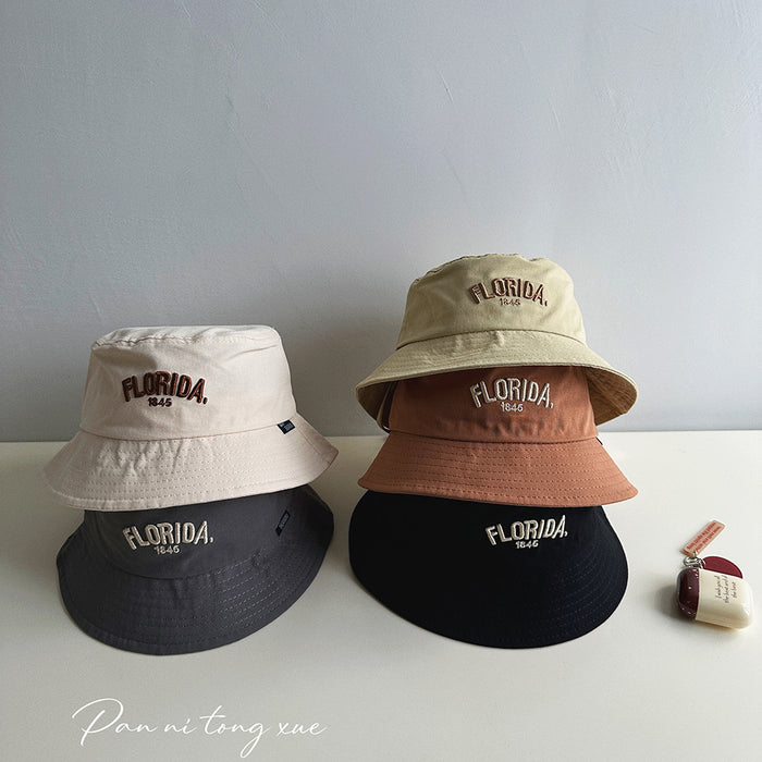 Wholesale Children's big brimmed hat with personalized Western style letters, windproof fisherman hat, sunshade basin hat