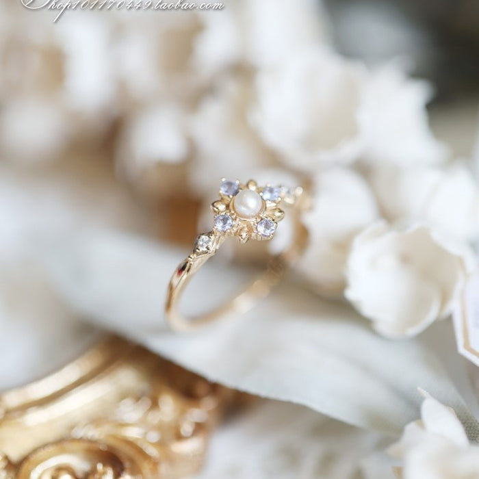 Wholesale Ring Natural Pearl Zircon Diamond Snowflake Versatile Light Luxury Ring