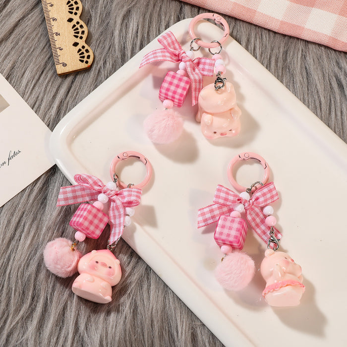 Wholesale Handmade Beaded Pig Keychain Colorful Plush Square Charm Cute Car Key Accessory
