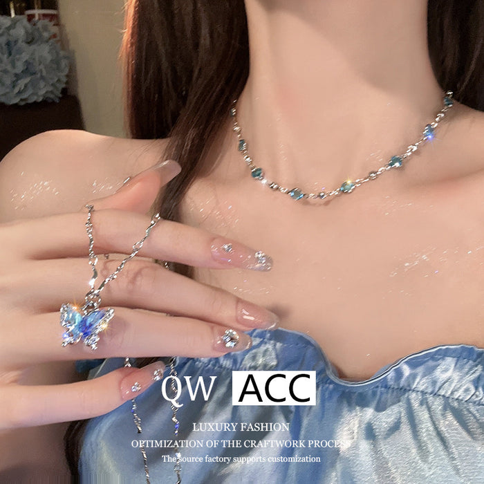 Wholesale choker blue butterfly multi-layered necklace clavicle chain jewelry