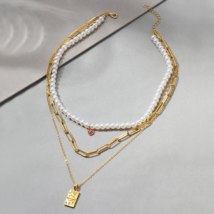 Wholesale Jewelry Pearl Multi layer Necklace Light Luxury Love Square Pendant