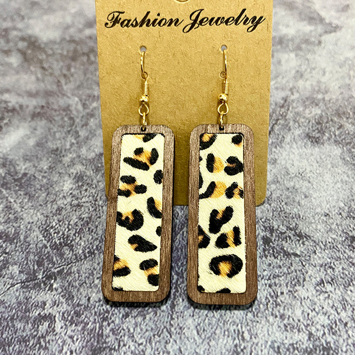 Wholesale leopard print simple bar genuine leather earrings retro geometric texture inlaid earrings