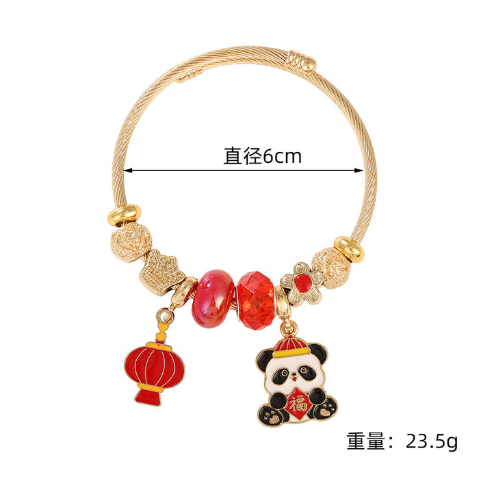 Wholesale Stainless Steel Cartoon Panda Bracelet with Red Lantern Pendant MOQ≥2