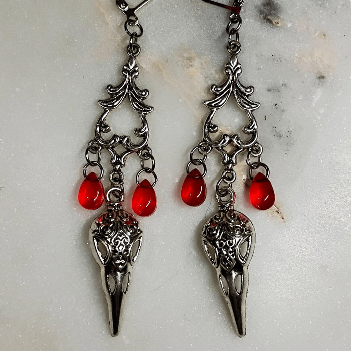 Wholesale Gothic Skull Crow Red Teardrop Dangle Earrings Dark  Party Jewelry Fashion Accessory Boutique Resale