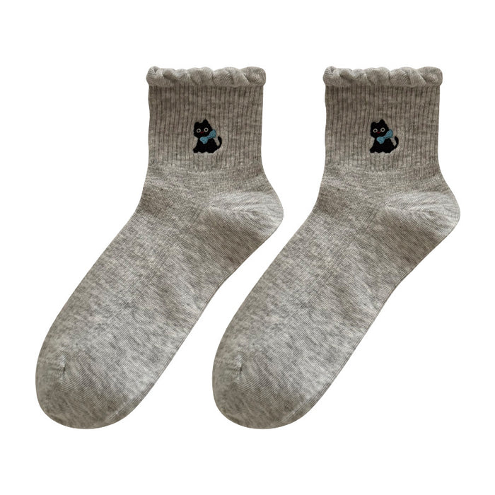 Wholesale Cotton socks, mid tube socks, cartoon embroidered lace socks, cute sports socks