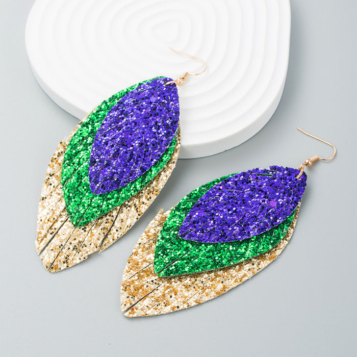 Wholesale Mardi Gras Triple PU Leather Sparkling Leaf-Shaped Leather Earrings