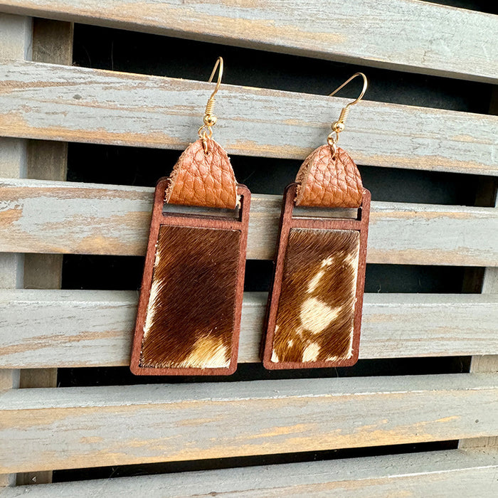 Wholesale Western genuine leather earrings Cow brand geometric hollow inlaid leopard print classic exaggerated earrings