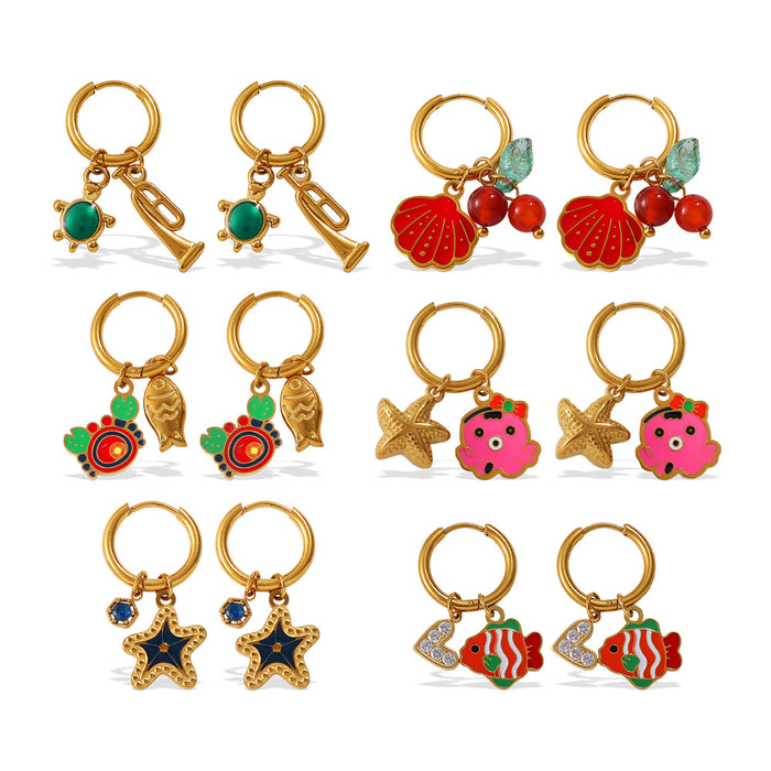 Wholesale Ocean Wind Oil Drop Octopus Turtle Pendant Earrings Stainless Steel Plated Cute Earrings