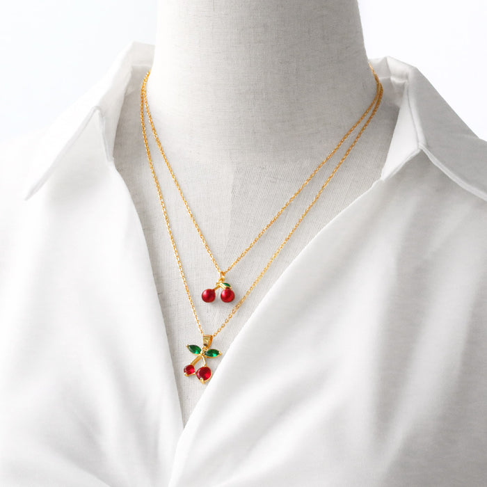 Wholesale Jewelry  Fruit Cherry Pendant Necklace Women Gold Plated Oil Drop Collarbone Chain