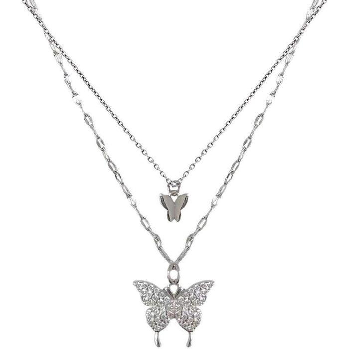 Wholesale Flash diamond butterfly double-layer necklace for women chain gift for girlfriends