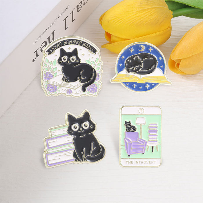 Wholesale Black Cat Reading Brooch Zinc Alloy Enamel Pin For Book Lovers Chic Fashion Accessory