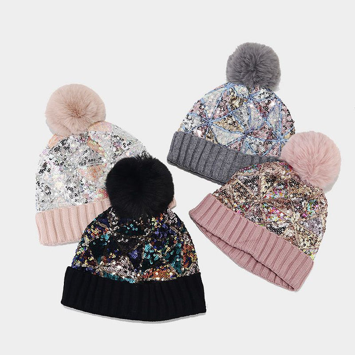 Wholesale Acrylic Colorful Sequins Thick Warm Wool Ball Ear Protection Knitted Hat JDC-FH-LvYi049