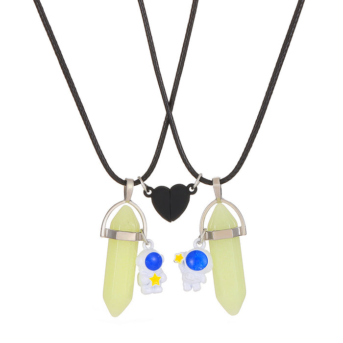 Wholesale Luminous hexagonal pillar pendant, astronaut heart magnetic buckle leather rope, star picking necklace