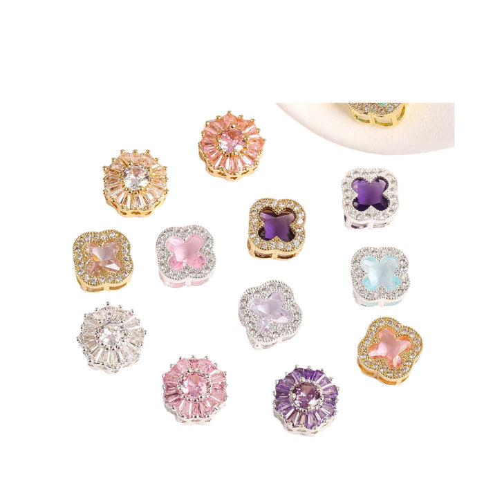 Wholesale 10pcs Micro inlaid zircon separated beads, four leaf clover round snowflake beads, porous scattered beads, DIY crystal bracelet string