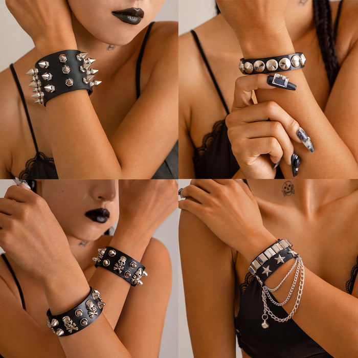 Wholesale Punk Nightclub Leather Rivet Bracelet PU Chain Bangle Unisex Jewelry MOQ≥2
