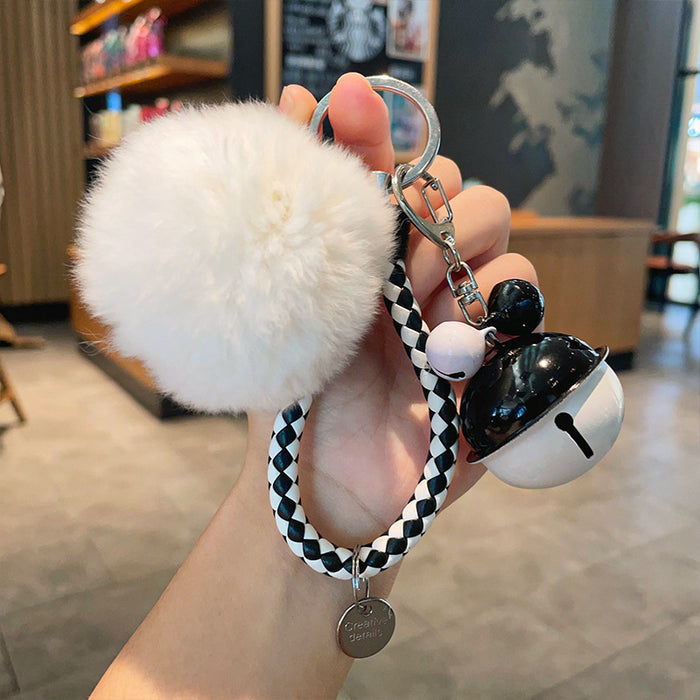 Wholesale Fur Ball Two-color Bell Leather Rope Keychain JDC-KC-YuanD003