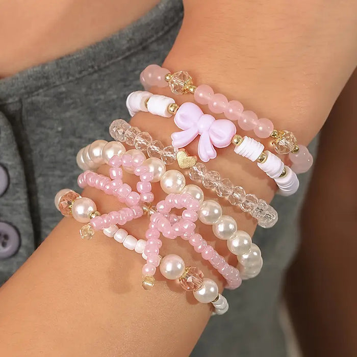 Wholesale Bohemian style pink beaded heart bow bracelet