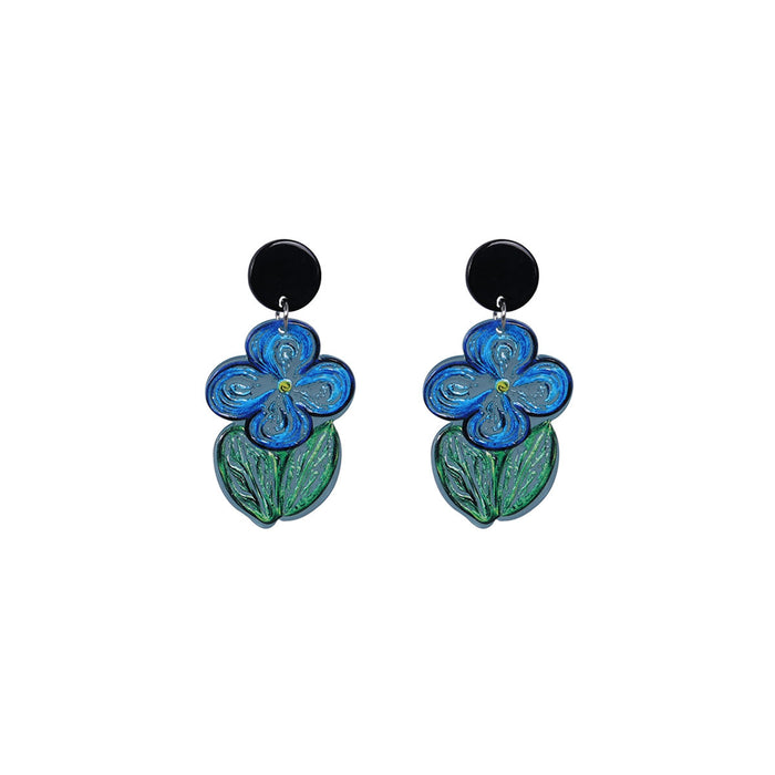 Wholesale Summer Oil Painting Blue Flower Earrings Mori Style Graffiti Acrylic Earrings