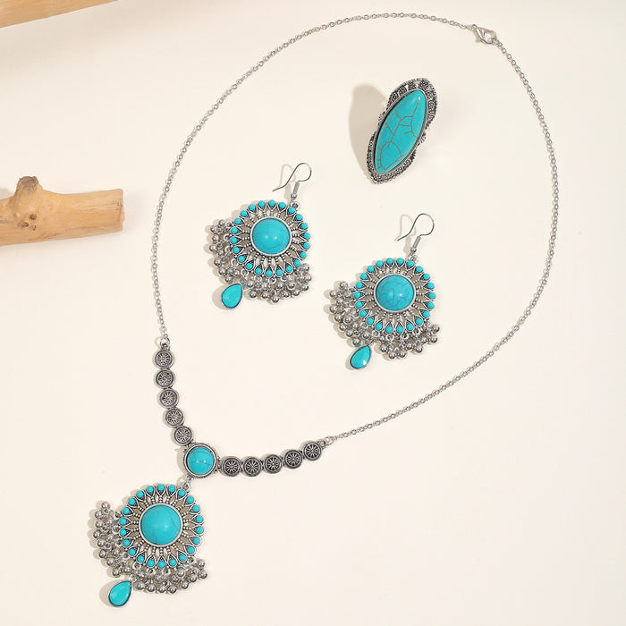 Wholesale Bohemian Turquoise Fringe Earrings and Necklace Set Alloy Jewelry