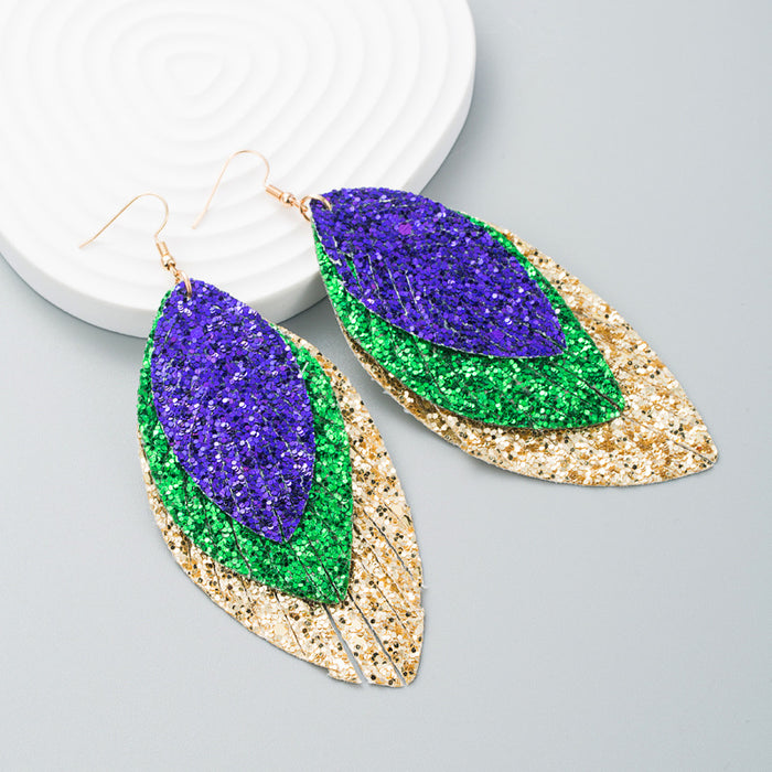 Wholesale Mardi Gras Triple PU Leather Sparkling Leaf-Shaped Leather Earrings