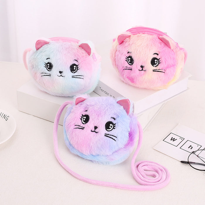 Wholesale Creative Plush Crossbody Bag Cartoon Children's Shoulder Bag Cute Cat Double Zipper Rabbit Fur Tie-Dye Small Shoulder Bag JDC-SD-SM003