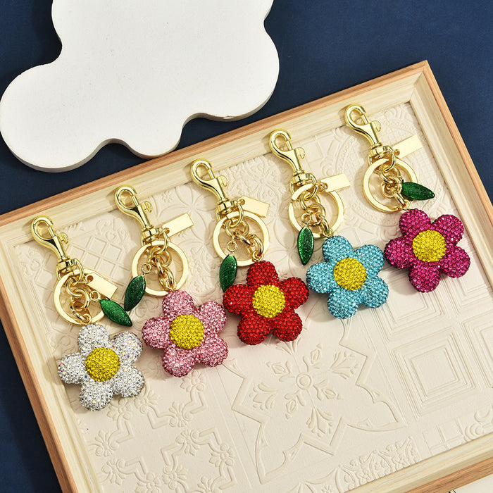 Wholesale Metal Full Diamond Sunflower Flower Bag Charm Keychain Pendant Trendy Jewelry Accessory