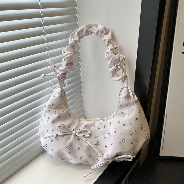 Wholesale Bowknot Floral Pleated Cloud Bag Women' s One-shoulder Underarm Bag Casual Crossbody Canvas Bag