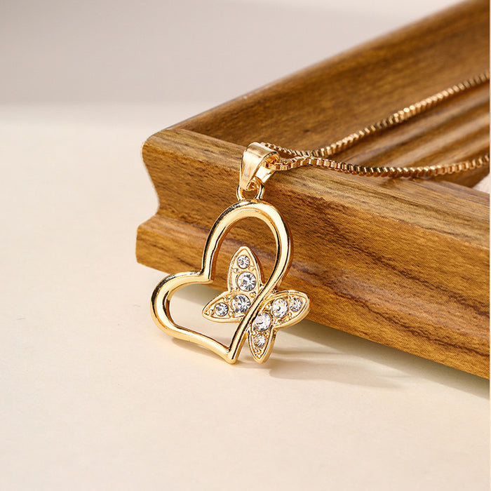 Wholesale Fashion jewelry with diamond studded alloy pendant, ladies' love butterfly necklace, collarbone chain