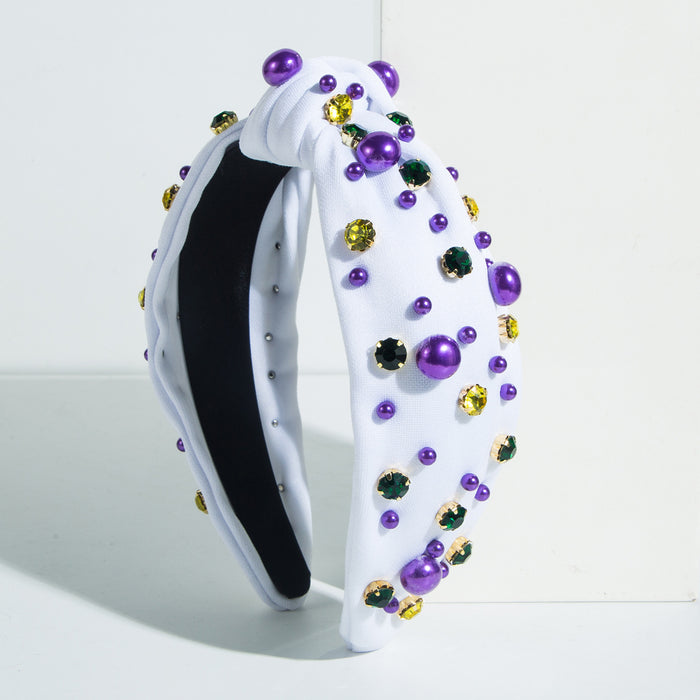 Wholesale Valentine' s Day pearl and rhinestone headband with knotted fabric design