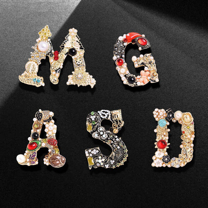 Wholesale Rhinestone letter brooch with diamond and pearl buckle,  dress coat pin to decorate shoes and bags