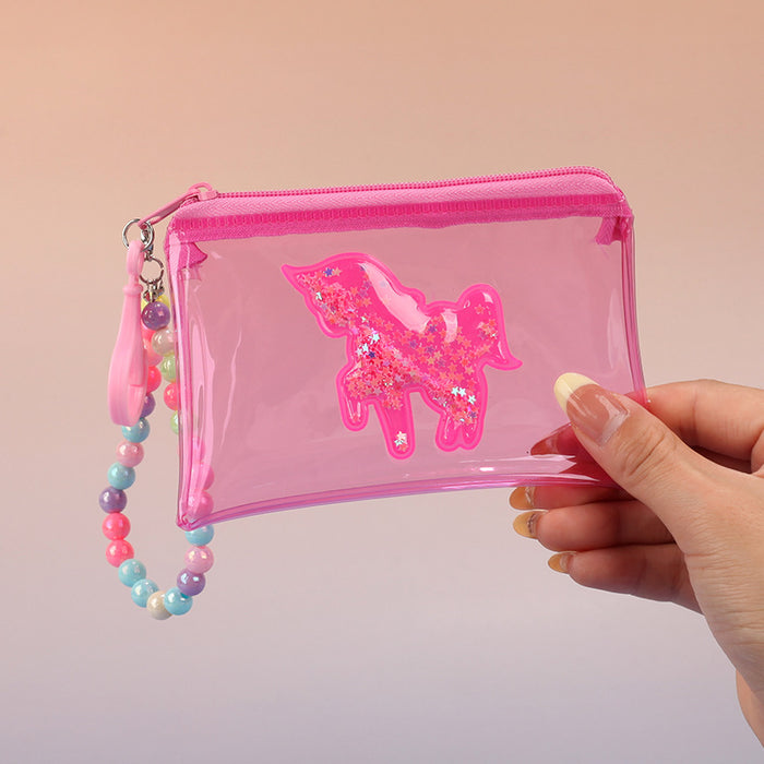 Wholesale Waterproof Unicorn PVC Transparent Card Bag With Quicksand Design Pink Bead Chain Coin Purse
