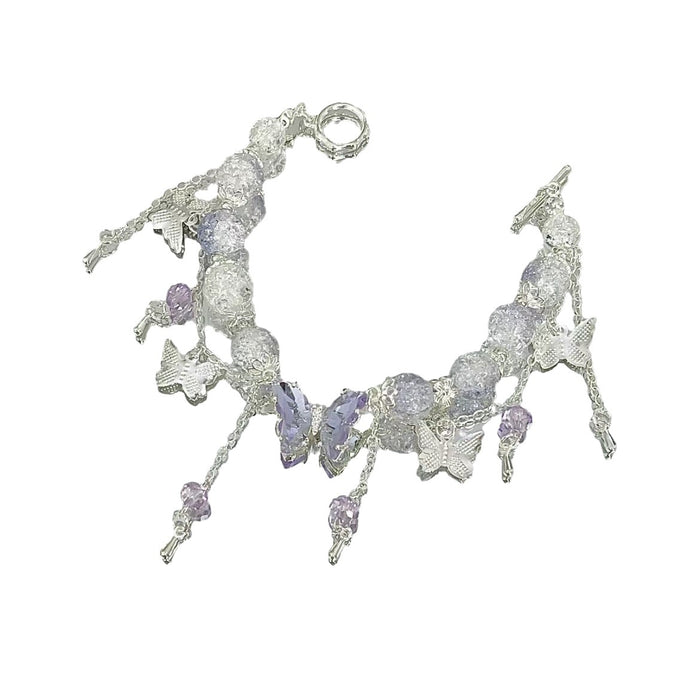 Wholesale Ice transparent purple butterfly tassel bracelet with niche design, handmade bead jewelry