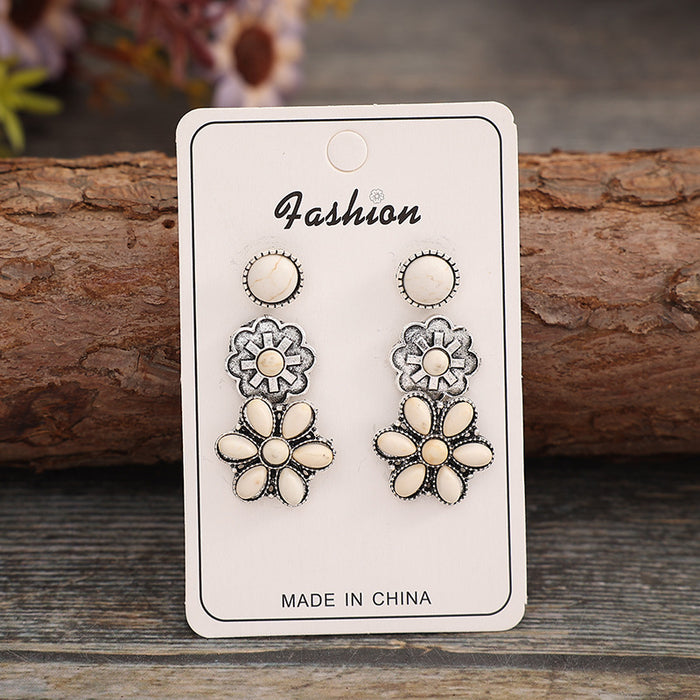 Wholesale Retro Western Style Silver-Tone Alloy Turquoise 3-Piece Earring Set