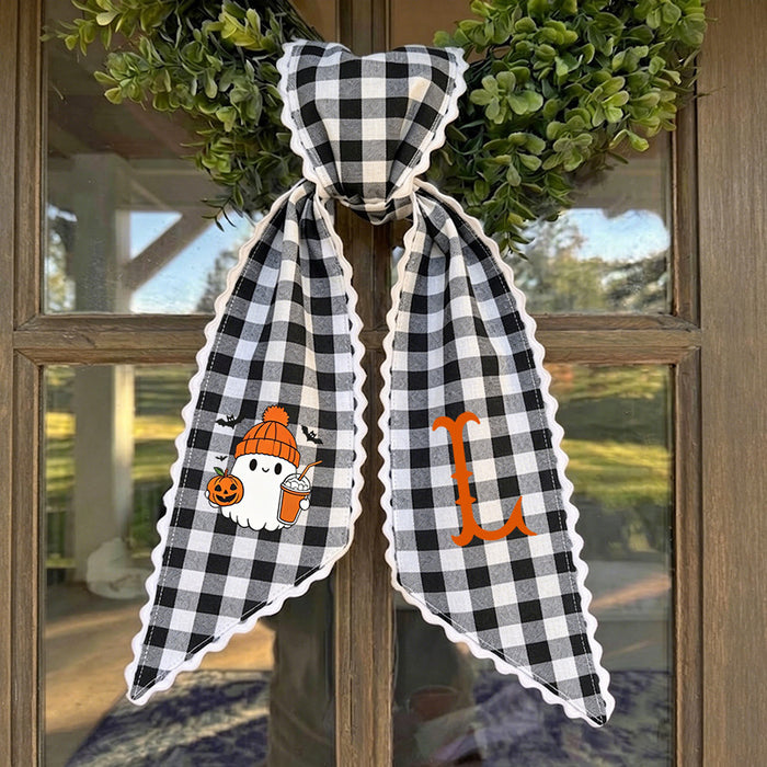 Wholesale  Plaid Ghost Trick Or Treat Wreath Door Hanging Decoration With Green Leaves For Party Home Decor