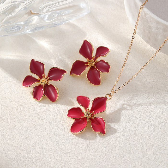 Wholesale Drip Oil Flower Necklace Earrings Camellia Jewelry Set