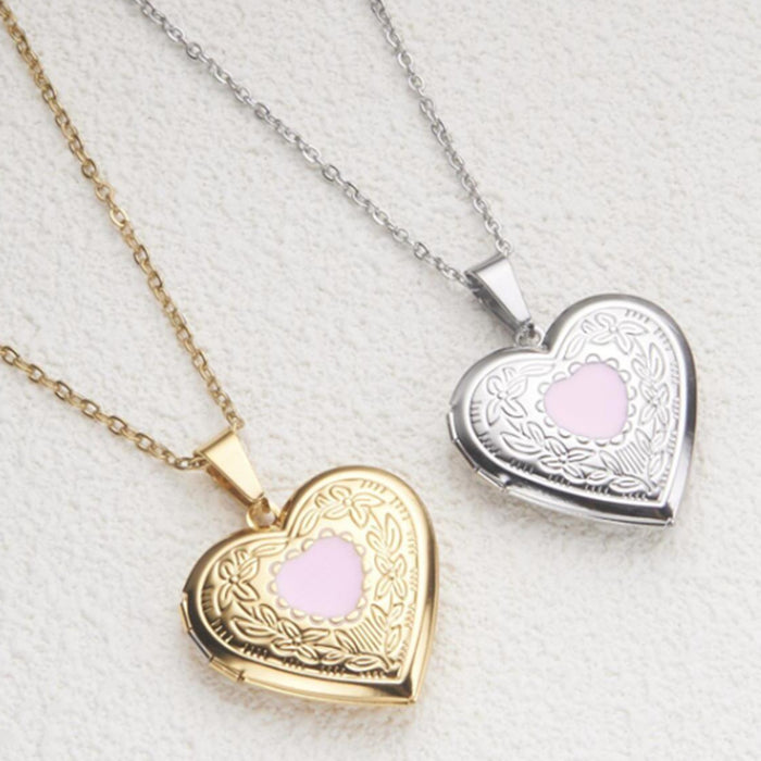 Wholesale Stainless steel jewelry with oil droplets can open heart-shaped photo frame, picture box, necklace