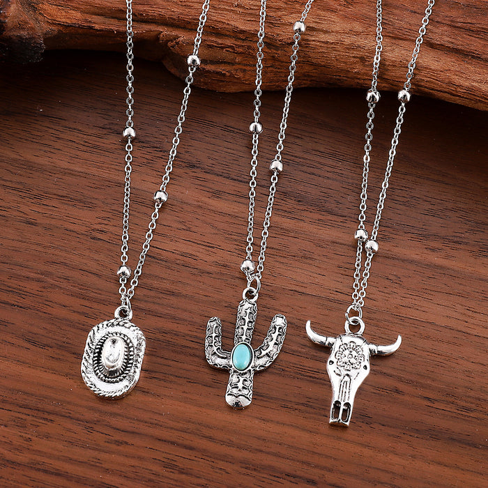 Wholesale Western cowboy retro ethnic style imitation turquoise alloy bull head combat boots hat pendant necklace