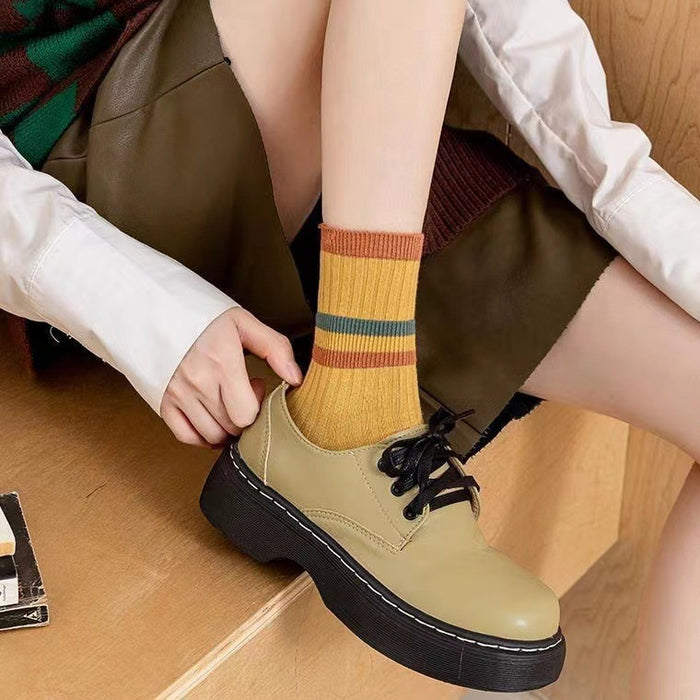 Wholesale Socks for Women Cotton Mid Socks Long Socks Double Needle Stripe Color Blocked Japanese Women JDC-SK-JiaMu003