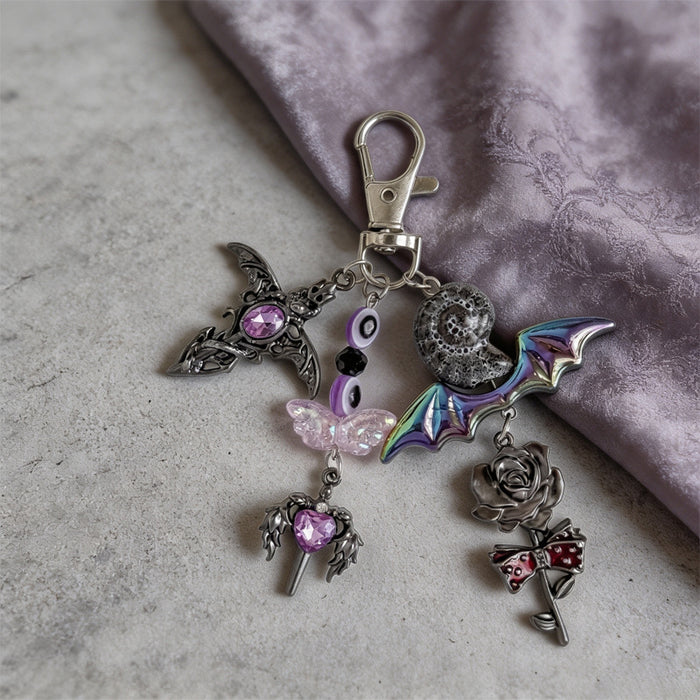 Wholesale Gothic Bat Keychain Purple Heart Cross Pendant Zinc Alloy Bag Charm  Gift